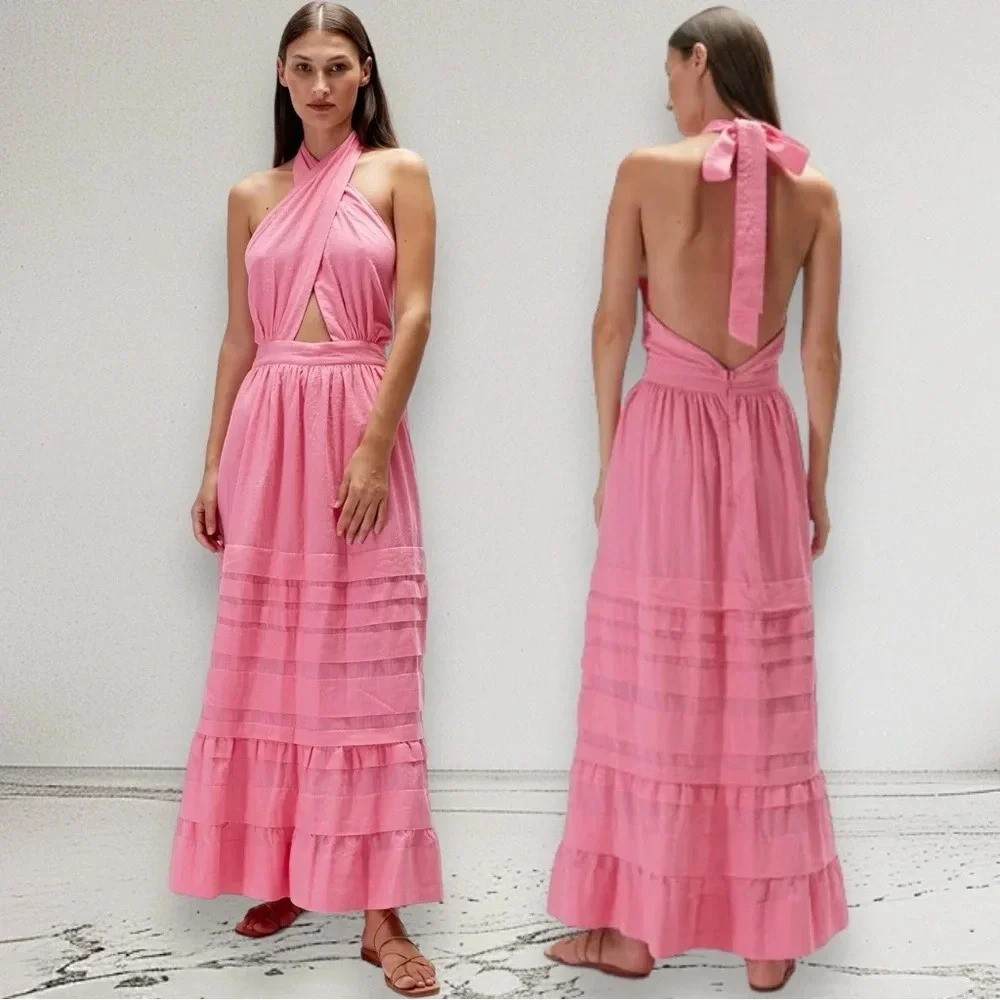 NWT RUE STIIC Backless Cotton Maxi Dress in PEONY PINK Size XS